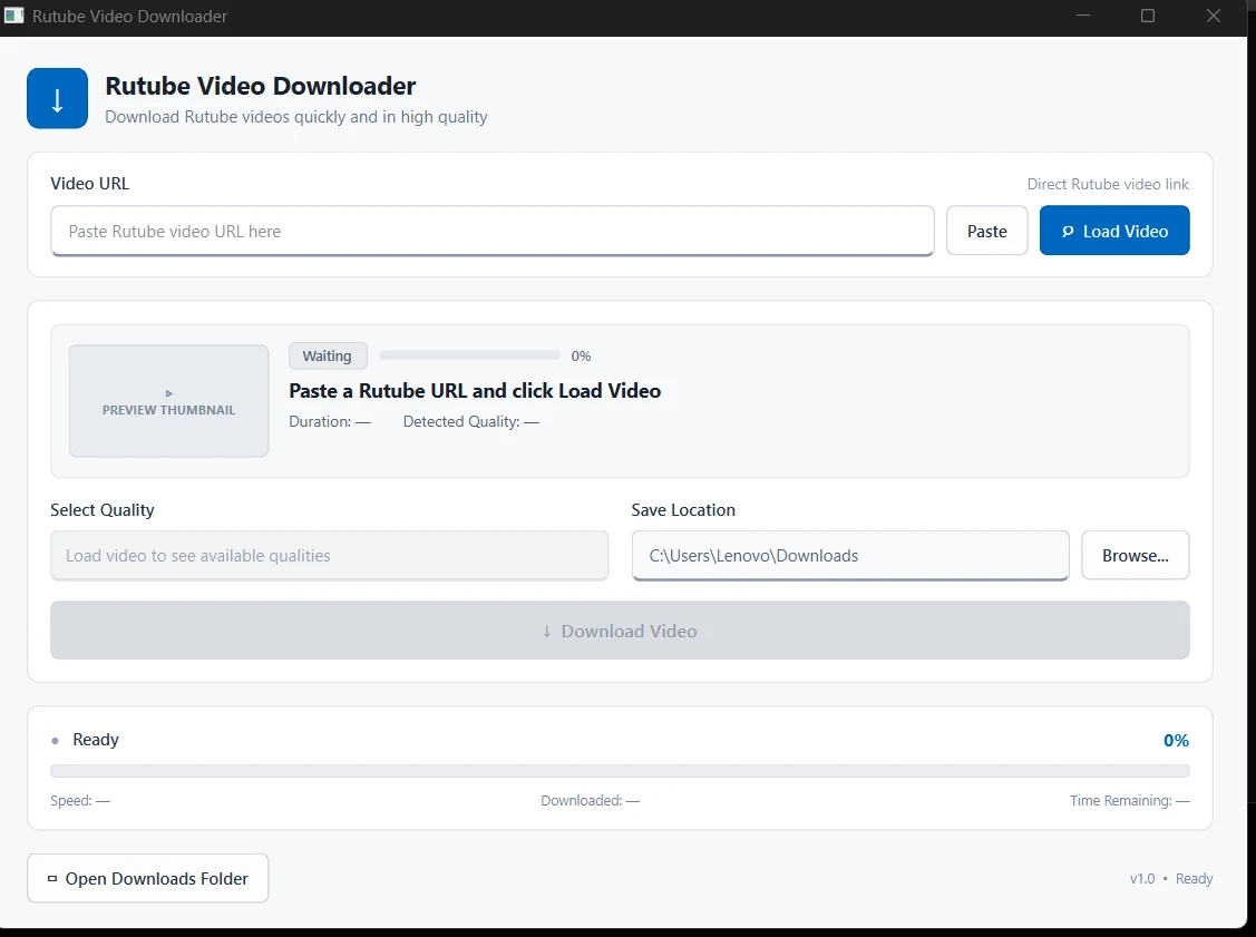 Rutube Video Downloader Windows application screenshot